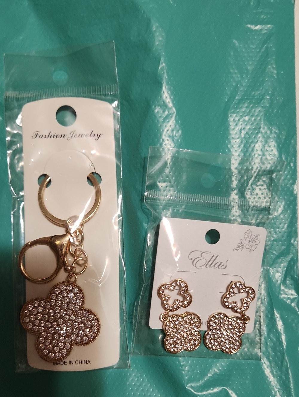 Ella Gold Pave Clover Earrings and Matching Key Holder